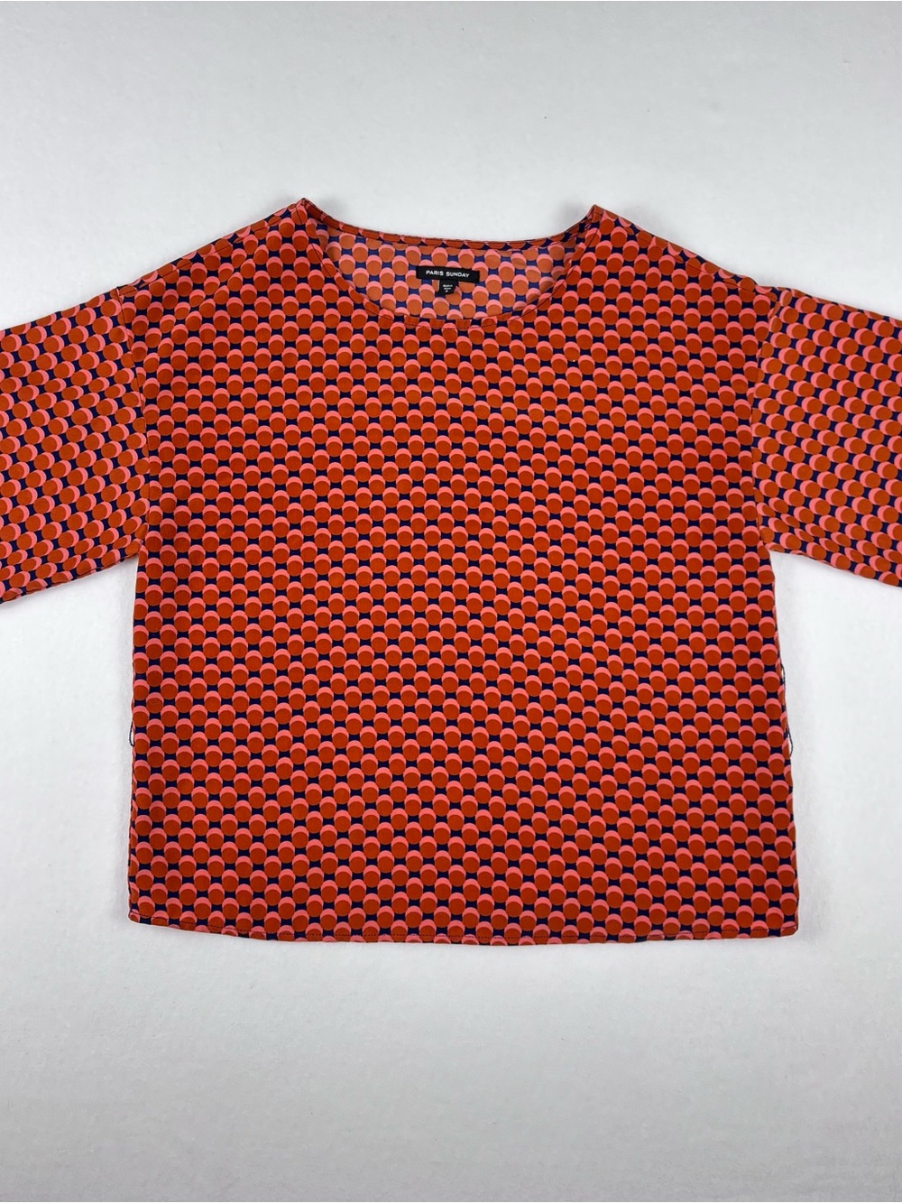 Paris Sunday Retro geometric short sleeve top women’s S rust, navy and pink mod